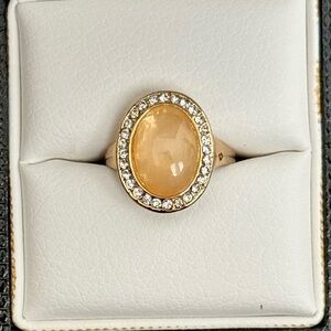Gold Tone Oval Halo Ring with Golden Honey Stone | Vintage Style Statement Ring